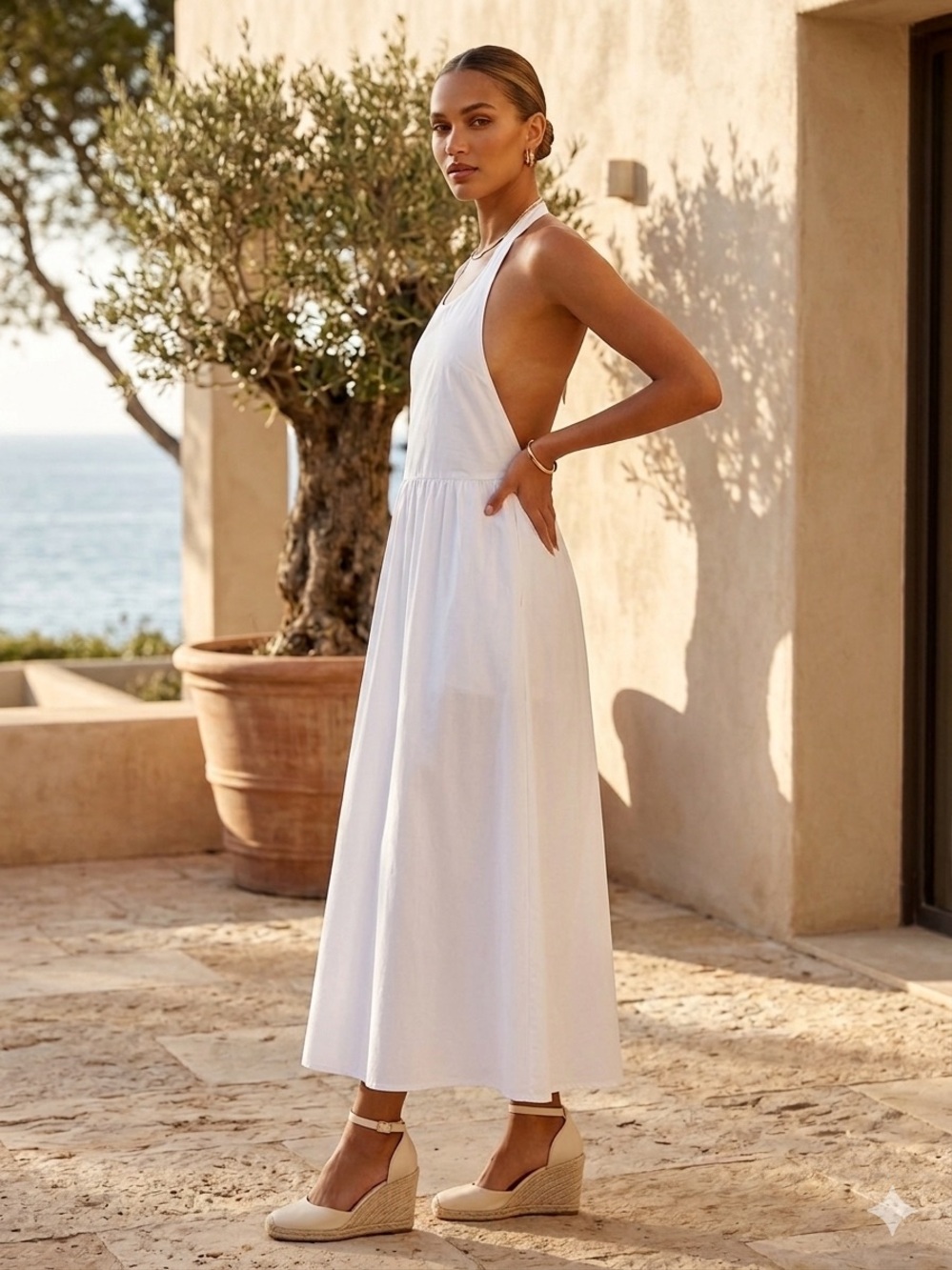 En Saison White Halter Midi Dress Open Back Sleeveless A-Line Size S Resort - Picture 3 of 13